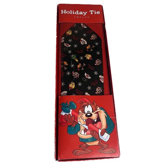 Vintage Looney Tunes Taz Christmas Tie Holiday Necktie Warner Bros Deadstock 90s - Picture 1 of 16